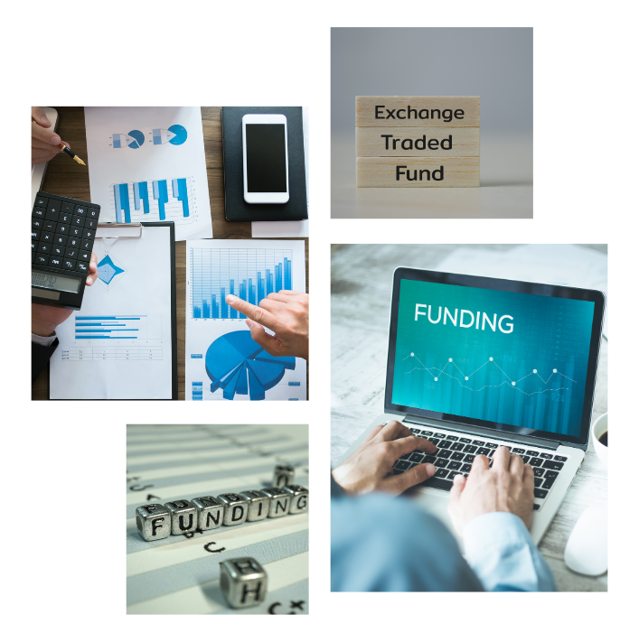 Crowdfunding collage with financial charts, FUNDING letter cubes, Exchange Traded Fund blocks and a laptop showing funding data