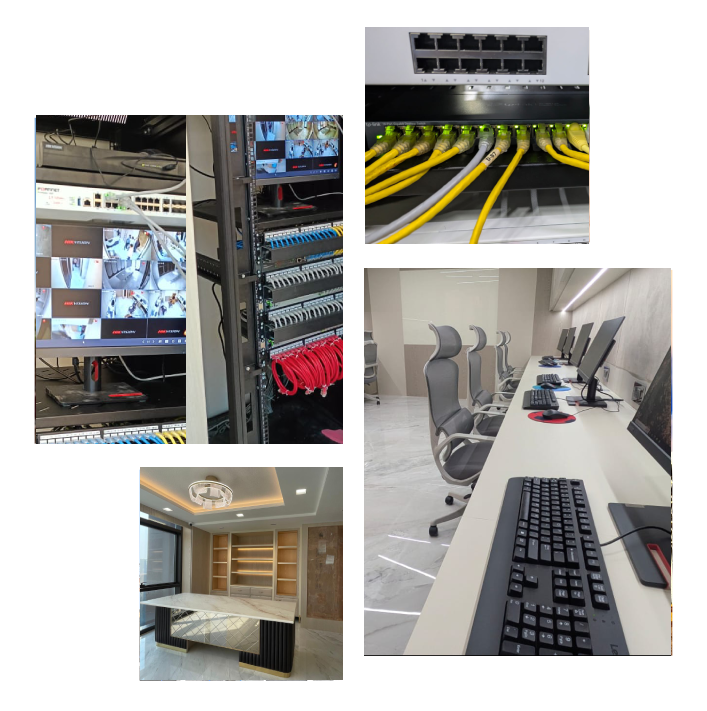 Collage of L7 Group data center work: network rack with patch panels, switch cabling, workstations and an office cabin