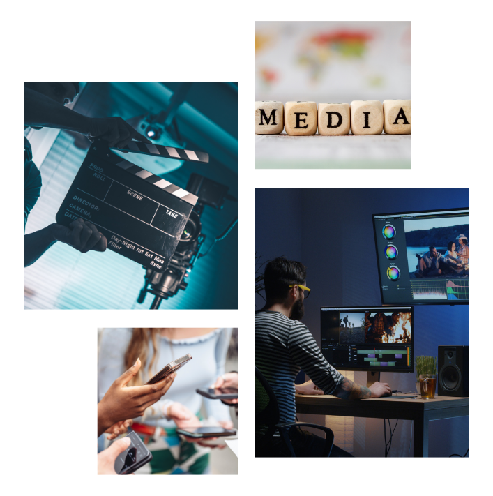 Media collage with a film clapperboard, MEDIA letter blocks, a video editor at work and people using smartphones