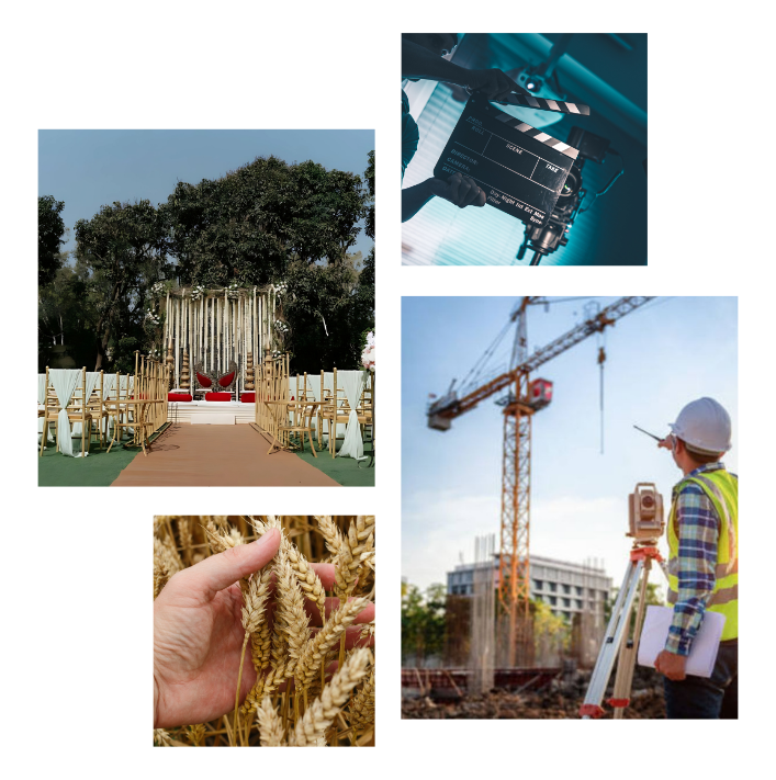 Collage of L7 Group sectors: wedding venue, film production, agriculture and construction