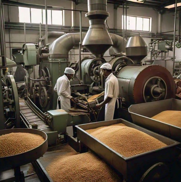 Workers operating grain processing machinery, representing L7 Group food processing