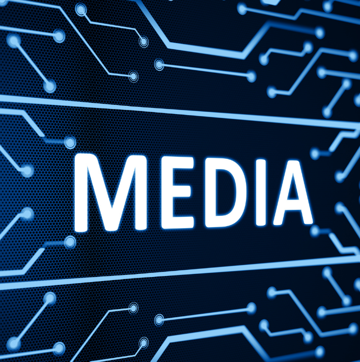 The word Media on a digital circuit background, representing L7 Group media