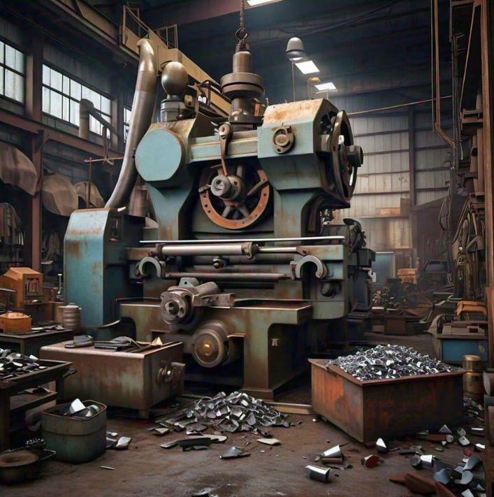 Industrial machine and steel offcuts in a workshop, representing L7 Group steel processing