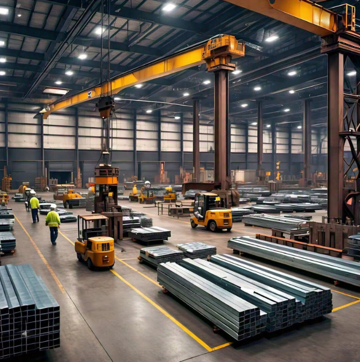 Stacked steel sections and forklifts in a warehouse, representing L7 Group TMT distribution
