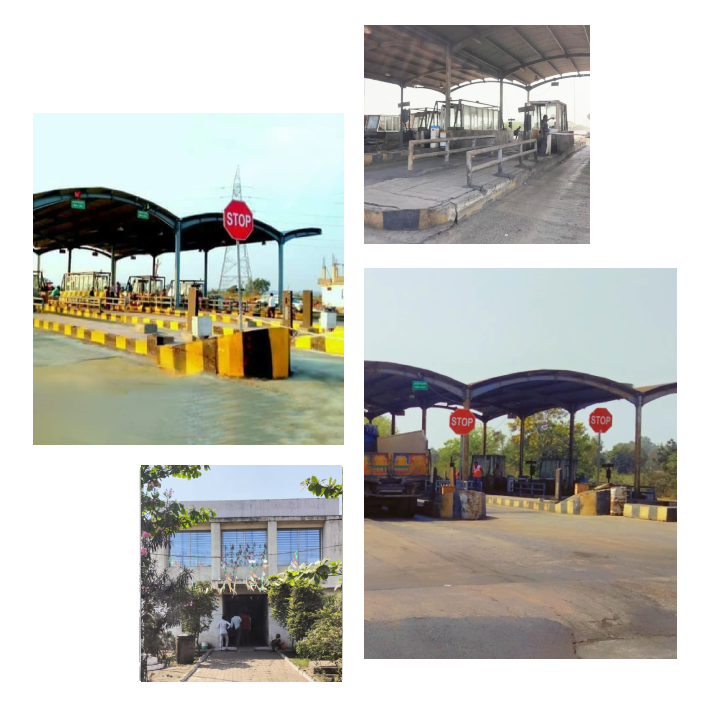 Collage of toll plaza lanes and a site building from L7 Group's FASTag deployment in Maharashtra
